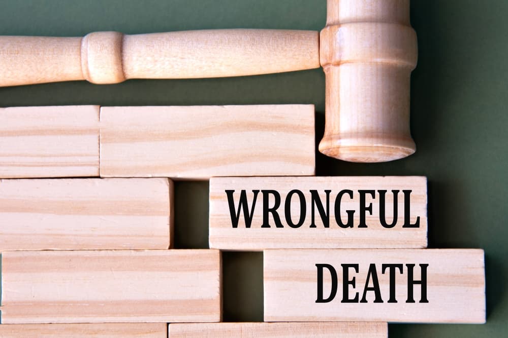 "WRONGFUL DEATH" written on wooden blocks, placed on a white background with a judge's gavel.