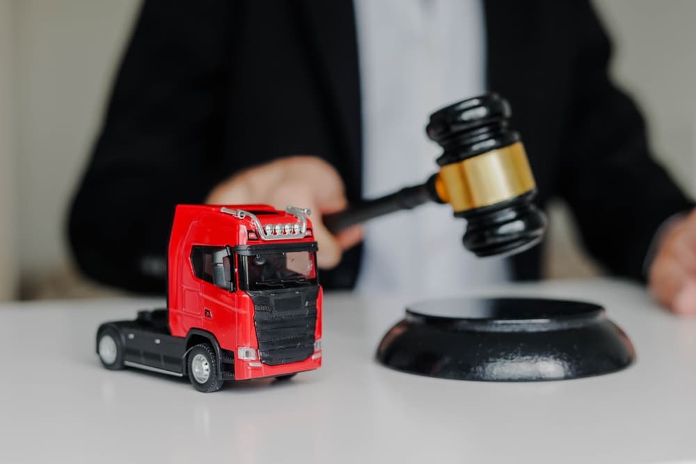 A male judge striking a gavel on a block in a courtroom, symbolizing a ruling. A toy cargo truck is placed on the table, representing the concept of prohibited exports.