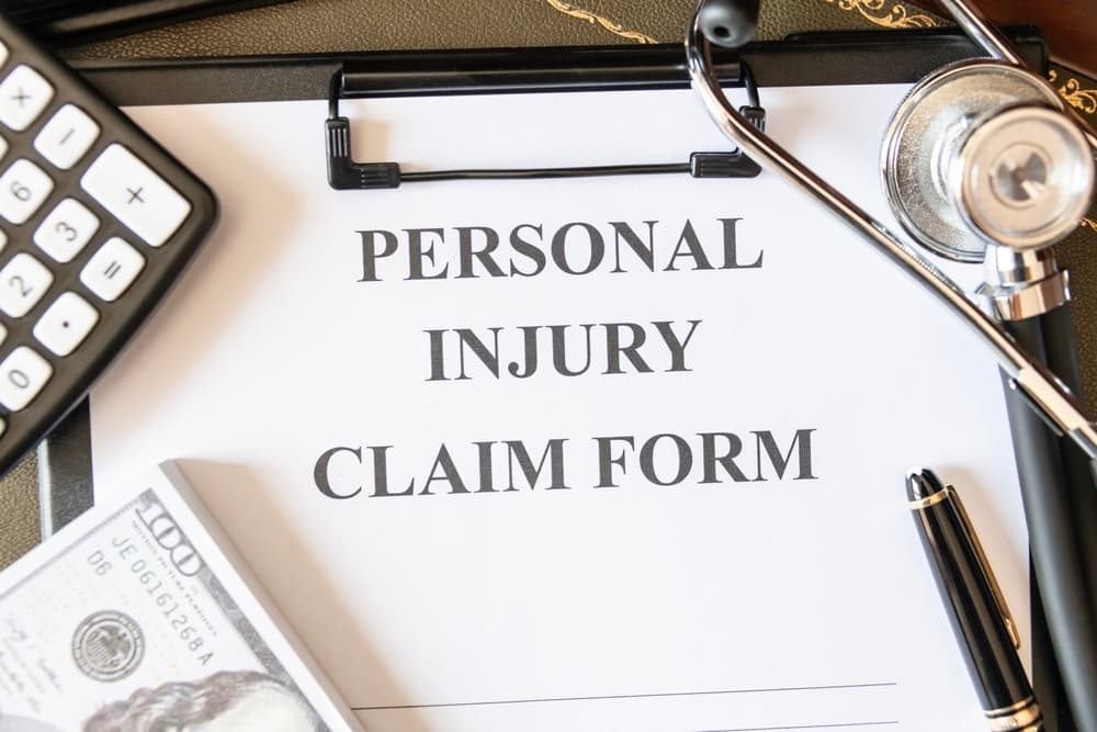 A close-up of a personal injury claim form, accompanied by a stethoscope, calculator, and cash, symbolizing healthcare expenses.