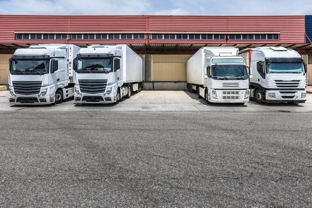 A fleet of trucks parked at a rest area, representing a trucking company during downtime or maintenance day.