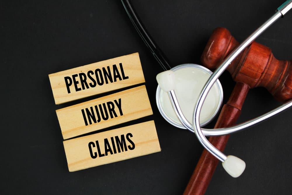 Judge's gavel, stethoscope and stick with the words personal injury claims.